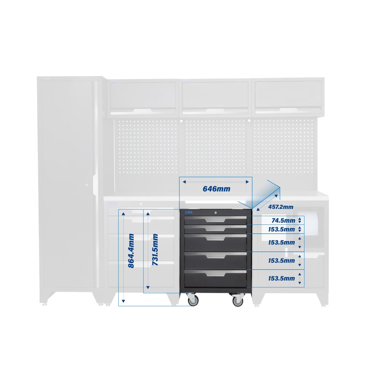 SGS 10pc Modular Garage Storage | 9 Drawers | Stainless Steel Worktop | Tall Single Cabinet | Bin Unit | Mobile Cabinet | 3x Upper Cabinets